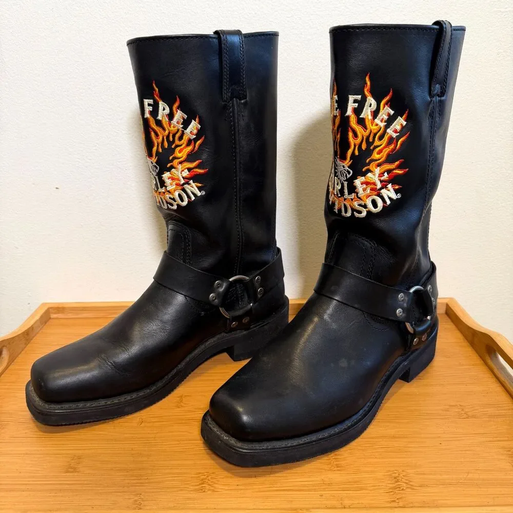Harley-Davidson Ride Free Engineer Boots Men's US 9 Black Leather Flame 95350